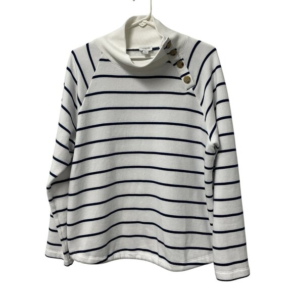 J. CREW SWEATER STRIPED MOCK NECK WOMENS L NAUTICAL FLEECE SAILOR BLUE WHITE - Picture 1 of 8